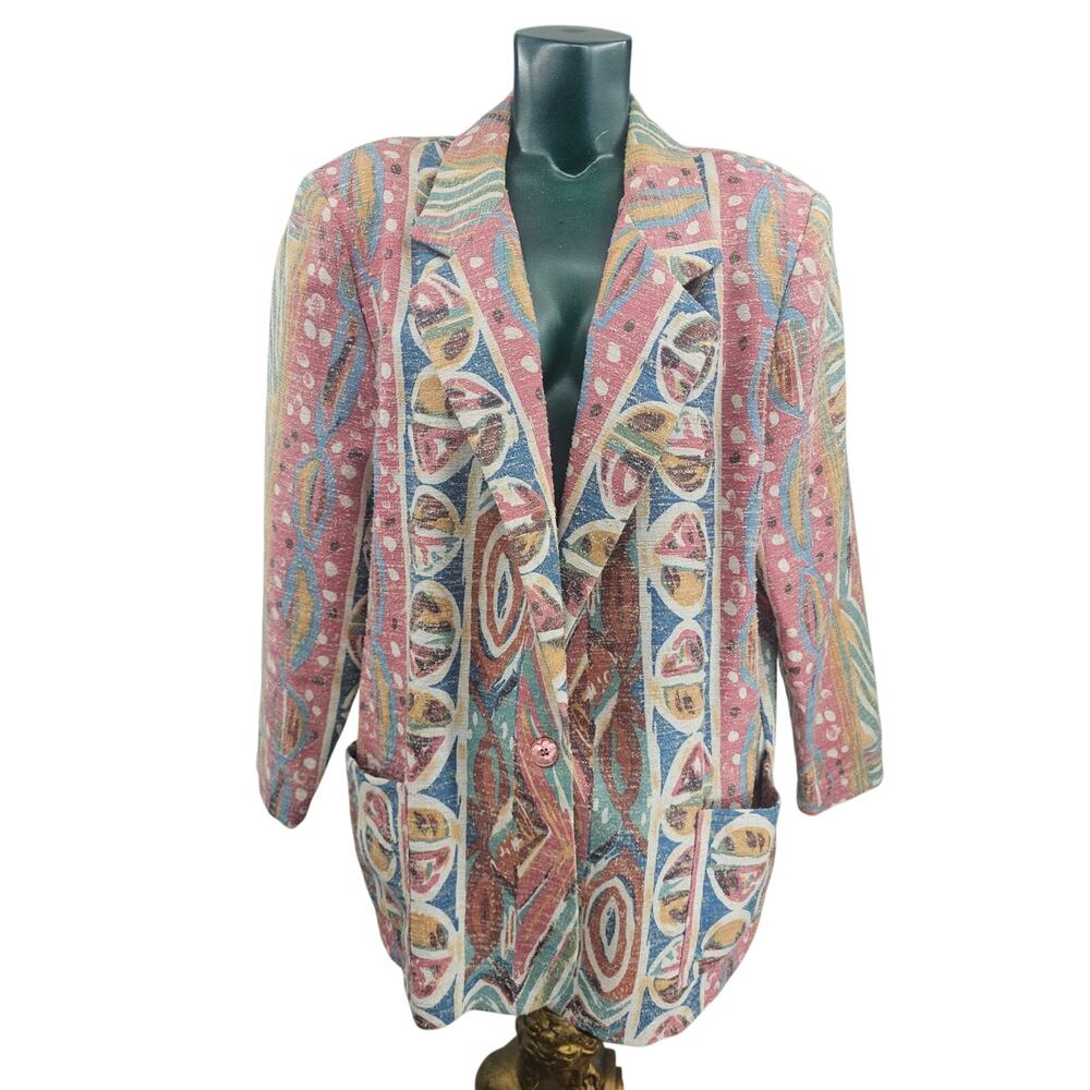 Vintage 90s CAC Pastel Wearable Art Tribal Oversize Blazer Womens 18 Boho 3961